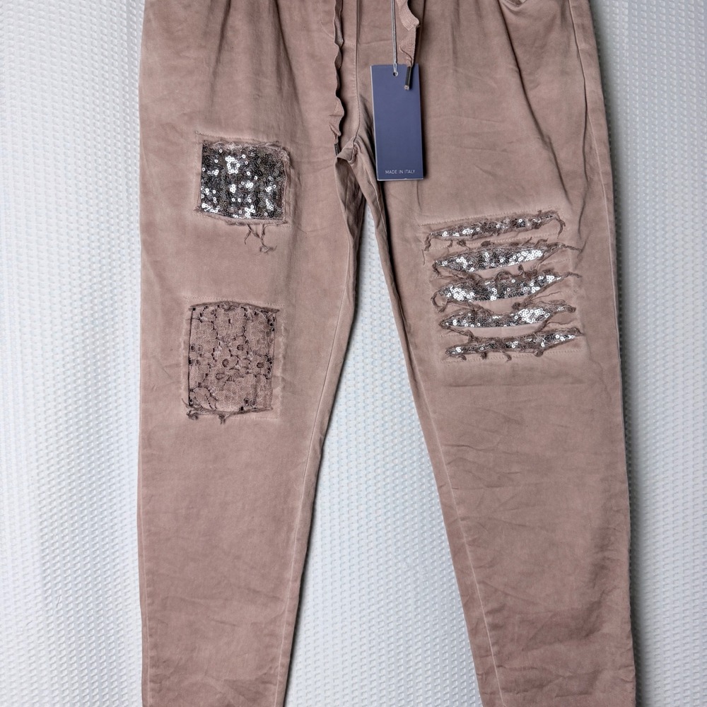 Grey Violet Jogger Pants Women S/M Rose Sequin Distressed Embellished Italy - Picture 6 of 9